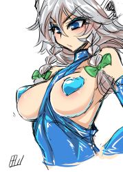 Rule 34 | 1girl, alternate costume, areola slip, bare shoulders, blue eyes, blue leotard, blush, bow, braid, breasts, breasts out, green bow, hair between eyes, hair bow, izayoi sakuya, large breasts, leotard, pasties, silver hair, simple background, sketch, solo, tajima yuuki, touhou, twin braids, upper body, white background