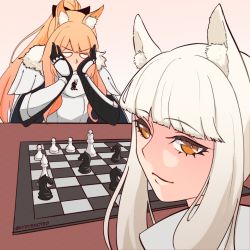Rule 34 | 2girls, animal ears, arknights, armor, bishop (chess), blemishine (arknights), blonde hair, chess piece, chessboard, closed mouth, eating the chess pieces (meme), from behind, gauntlets, highres, horse ears, horse girl, king (chess), kirie kyrye, knight (chess), long hair, looking at viewer, looking back, meme, multiple girls, pauldrons, pawn (chess), platinum (arknights), shoulder armor, sidelocks, smug, twitter username, upper body, v-shaped eyebrows, white hair