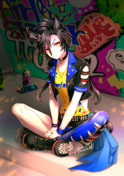 Rule 34 | 1girl, air shakur (umamusume), animal ears, belt, black hair, black jacket, blue thighhighs, boots, brown footwear, closed mouth, clothing cutout, collar, cropped jacket, eyebrow piercing, full body, graffiti, hi (ibisf5umauma), highres, horse ears, horse girl, horse tail, indian style, jacket, long hair, looking at viewer, paint stains, parted lips, piercing, shirt, short sleeves, single thighhigh, sitting, solo, spray can, sweatdrop, tail, thighhighs, torn clothes, torn thighhighs, twitter username, umamusume, v arms, wristband, yellow eyes, yellow shirt