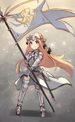 Rule 34 | 1girl, abigail williams (fate), armor, armored dress, bare shoulders, black bow, blonde hair, blue eyes, blush, bow, chain, closed mouth, cosplay, dress, fate/apocrypha, fate/grand order, fate (series), faulds, flag, forehead, gauntlets, gradient background, hair bow, headpiece, highres, jeanne d&#039;arc (fate), jeanne d&#039;arc (fate) (cosplay), jeanne d&#039;arc (ruler) (fate), jeanne d&#039;arc (third ascension) (fate), long hair, miya (miyaruta), orange bow, parted bangs, plackart, polearm, sheath, smile, solo, sparkle, sword, thighhighs, weapon, white dress