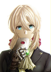 Rule 34 | 1girl, black jacket, blonde hair, blue eyes, hair between eyes, hair ribbon, highres, holding, holding letter, jacket, letter, long hair, looking at viewer, portrait, prosthesis, prosthetic hand, red ribbon, ribbon, signature, simple background, solo, sooma4869, upper body, violet evergarden, violet evergarden (series), white background