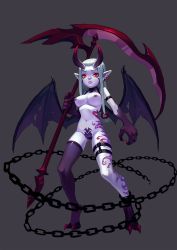 Rule 34 | 1girl, arm strap, breasts, collar, demon girl, earrings, fkey, highres, horns, jewelry, long hair, maebari, nipples, nude, original, pale skin, pointy ears, red eyes, scythe, silver hair, single thighhigh, solo, tattoo, thigh strap, thighhighs, wings