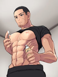 Rule 34 | 1boy, bara, bare pectorals, black eyes, black hair, black pants, black shirt, buzz cut, cream, facial hair, frown, goatee, golden kamuy, highres, male focus, mugisennbei-you, muscular, muscular male, nipples, pants, pectorals, shirt, short hair, solo, stubble, tsukishima hajime, very short hair, wrinkled skin