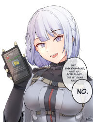Rule 34 | 1girl, absurdres, among us, braid, breasts, cellphone, english text, girls&#039; frontline, highres, holding, holding phone, kaicchi, long sleeves, medium breasts, meme, phone, purple eyes, rpk-16 (girls&#039; frontline), short hair, side braid, silver hair, smartphone, solo, speech bubble, tactical clothes, upper body, white background, yellow (among us)