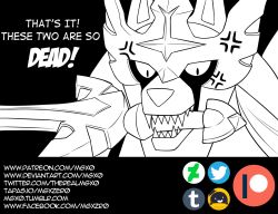 Rule 34 | anger vein, comic, commentary, creatures (company), english commentary, english text, game freak, gen 8 pokemon, greyscale, legendary pokemon, looking at viewer, mgx0, monochrome, nintendo, no humans, patreon logo, pokemon, pokemon (creature), pokemon swsh, sharp teeth, solo, sword, teeth, tumblr logo, twitter logo, watermark, weapon, web address, zacian, zacian (crowned)