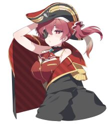 Rule 34 | 1girl, absurdres, arm up, ascot, bare shoulders, bicorne, black coat, breasts, brooch, cleavage, coat, cropped torso, epaulettes, eyepatch, gachop99, hair between eyes, hair ribbon, hand on headwear, hat, highres, hololive, houshou marine, houshou marine (1st costume), jacket, jewelry, leotard, leotard under clothes, long hair, looking at viewer, off shoulder, pirate, pirate hat, pout, red ascot, red eyes, red hair, red jacket, red ribbon, ribbon, simple background, sleeveless, sleeveless jacket, solo, twintails, upper body, virtual youtuber, white background