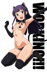 Rule 34 | 1girl, :d, animal ears, armpits, bad id, bad pixiv id, bare shoulders, bikini, black eyes, black gloves, black thighhighs, blunt bangs, breasts, cat ears, cat tail, choker, copyright name, covered erect nipples, elbow gloves, full body, gloves, loafers, loliconder, long hair, micro bikini, navel, open mouth, outstretched arm, purple bikini, purple hair, ribbon choker, shoes, simple background, small breasts, smile, solo, swimsuit, tail, thighhighs, white background, working!!, yamada aoi