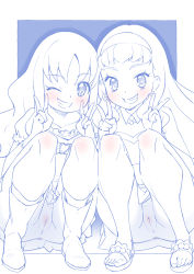 Rule 34 | 2girls, blue theme, boots, cleft of venus, collared dress, commentary, double v, dress, earrings, frilled sleeves, frills, grin, hairband, heart, heartcatch precure!, highres, jewelry, kurumi erika, laura la mer, long hair, looking at viewer, miyagoe yoshitsuki, monochrome, multiple girls, no panties, one eye closed, outside border, precure, pussy, sandals, short dress, side-by-side, smile, socks, spot color, squatting, tropical-rouge! precure, v