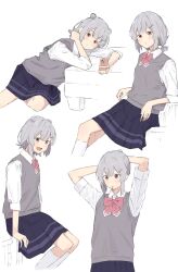 Rule 34 | 1girl, :d, :o, arm rest, arms up, black skirt, bow, bowtie, cellphone, cevio, collared shirt, double bun, grey hair, grey sweater vest, hair bun, hair ornament, hairclip, highres, holding, holding phone, kneehighs, koharu rikka, long sleeves, looking at viewer, minatsuki (m1natsuk1), mouth hold, multiple views, on railing, open mouth, phone, pink bow, pink bowtie, railing, red eyes, school uniform, shirt, short hair, sidelocks, sitting, skirt, smile, socks, sweater vest, synthesizer v, tying hair, white background, white shirt, white socks