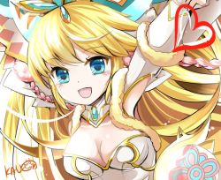Rule 34 | 1girl, :d, blonde hair, blue eyes, breasts, cleavage, headdress, heart, horns, long hair, open mouth, puzzle &amp; dragons, sakuya (p&amp;d), siukaukau24, smile, solo