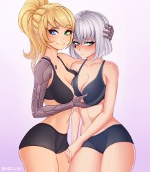 Rule 34 | 2girls, asymmetrical docking, black bra, blonde hair, blue bra, blue eyes, blush, bra, breast press, breasts, closed mouth, commentary, commission, copyright request, cowboy shot, embarrassed, english commentary, facial tattoo, green eyes, grey eyes, grey hair, groping, gym shorts, hand up, heterochromia, highres, large breasts, long hair, looking at viewer, mechanical arms, multiple girls, navel, ponytail, shellvi, short hair, shorts, single mechanical arm, smile, sports bra, tattoo, underwear, yuri