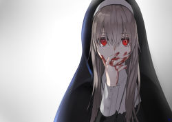 Rule 34 | 1girl, backlighting, black robe, blood, blood on face, blood on hands, buttons, commentary, gradient background, grey hair, habit, hair between eyes, hand on own face, hieung, highres, long hair, long sleeves, looking at viewer, nun, open mouth, original, red eyes, robe, sleeve cuffs, slit pupils, solo, tongue, tongue out, traditional nun, white background