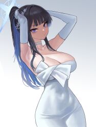 Rule 34 | 1girl, absurdres, armpits, black hair, blue archive, blue eyes, blue hair, blue halo, breasts, choker, cleavage, closed mouth, colored inner hair, cowboy shot, dress, elbow gloves, gloves, halo, highres, large breasts, long hair, looking at viewer, multicolored hair, official alternate costume, saori (blue archive), saori (dress) (blue archive), soldat (dndosld73832), solo, white choker, white dress, white gloves