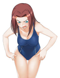Rule 34 | 00s, 1girl, a1 (initial-g), angry, aqua eyes, blue one-piece swimsuit, blush, breasts, brown hair, code geass, female pubic hair, green eyes, highres, kouzuki kallen, long hair, one-piece swimsuit, pubic hair, red hair, short hair, simple background, single vertical stripe, solo, sweat, swimsuit, white background