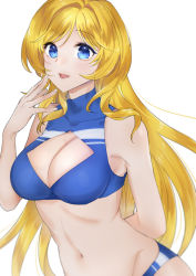 Rule 34 | 1girl, blonde hair, blue eyes, breasts, cleavage cutout, clothing cutout, highres, konno shimako, large breasts, long hair, looking at viewer, melua melna meia, simple background, smile, solo, super robot wars, super robot wars judgement, super robot wars og moon dwellers, super robot wars original generation, white background