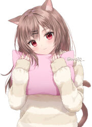 Rule 34 | 1girl, animal ear fluff, animal ears, brown hair, cat ears, cat girl, cat tail, commentary, hair ornament, hairclip, hands up, hood, hood down, hoodie, hugging object, long hair, long sleeves, looking at viewer, nina (yumoran), original, pillow, pillow hug, red eyes, simple background, sleeves past wrists, solo, striped clothes, striped hoodie, symbol-only commentary, tail, twitter username, upper body, white background, yumoran