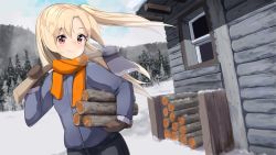 Rule 34 | 1girl, ame., axe, azur lane, black pants, blonde hair, blue jacket, blue sky, blush, brown mittens, building, carrying, carrying under arm, cleveland (azur lane), closed mouth, cloud, cloudy sky, commentary request, day, firewood, fur-trimmed sleeves, fur trim, holding, holding axe, jacket, long hair, long sleeves, mittens, mountain, one side up, outdoors, pants, red eyes, revision, sky, smile, solo, very long hair, window