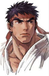Rule 34 | 1boy, black hair, blonde hair, cropped shoulders, dougi, forked eyebrows, headband, lips, looking to the side, male focus, muscular, muscular male, ryu (street fighter), short hair, solo, street fighter, thick eyebrows, veins, yuiofire