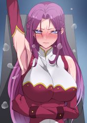 Rule 34 | 1girl, arm up, armpits, blue background, blush, breasts, closed mouth, code geass, commentary, cornelia li britannia, detached sleeves, embarrassed, eyelashes, glaring, highres, large breasts, long hair, looking at viewer, pink hair, presenting armpit, purple eyes, simple background, sweat, upper body, yu ki ruta60