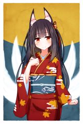 Rule 34 | 1girl, animal ears, bell, black hair, blunt bangs, blush, clenched hands, commentary, cowboy shot, fox ears, fox tail, full moon, hair bell, hair ornament, hand up, highres, japanese clothes, kimono, long hair, looking at viewer, moon, multiple tails, night, obi, original, red eyes, sash, smile, solo, tail, tamanoti