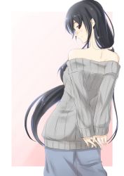 Rule 34 | 1girl, arms behind back, black hair, brown eyes, casual, commentary request, from behind, gradient background, highres, kantai collection, long hair, long sleeves, looking at viewer, looking back, low ponytail, niwatazumi, off-shoulder shirt, off shoulder, original, own hands together, pink background, ribbed sweater, shirt, sidelocks, skirt, sleeves past wrists, smile, solo, sweater, tatebayashi sakurako