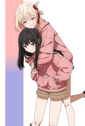 Rule 34 | 2girls, arms around neck, black hair, blonde hair, brown shorts, carrying, closed mouth, commentary request, hair ribbon, hands in pockets, highres, hood, hoodie, hug, hug from behind, inoue takina, long hair, lycoris recoil, multiple girls, nishikigi chisato, oiun, parted lips, piggyback, pink hoodie, purple eyes, red ribbon, ribbon, short hair, short shorts, shorts, simple background, smile