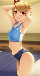Rule 34 | 1girl, annette koenig, arched back, armpits, arms behind head, arms up, blonde hair, blue buruma, blurry, blurry background, breasts, buruma, closed mouth, commentary request, cowboy shot, depth of field, from side, god eater, highres, indoors, looking at viewer, looking to the side, navel, red eyes, short hair, small breasts, smile, solo, sports bra, swept bangs, two-tone sports bra, watanuki kaname