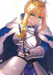 Rule 34 | 1girl, absurdres, ahoge, alter (kxk7357), armor, armored dress, artoria pendragon (all), artoria pendragon (fate), blonde hair, commentary request, dress, excalibur (fate/stay night), fate/stay night, fate (series), fur trim, gauntlets, green eyes, hair ribbon, highres, long hair, long sword, looking at viewer, open mouth, revision, ribbon, saber (fate), signature, simple background, solo, sword, weapon, white background