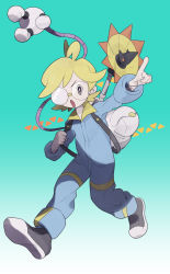 Rule 34 | 1boy, absurdres, ahoge, backpack, bag, blonde hair, clemont (pokemon), creatures (company), full body, game freak, glasses, gradient background, grey eyes, gym leader, highres, holding strap, jumpsuit, long sleeves, male focus, mechanical arms, mimura (nnnnnnnnmoo), nintendo, open mouth, pointing, pokemon, pokemon xy, shoes, single mechanical arm, solo, tongue