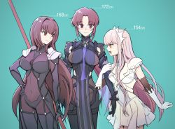 Rule 34 | 3girls, arm grab, armor, bazett fraga mcremitz, bodysuit, breasts, covered navel, cowboy shot, fate/grand order, fate (series), gae bolg (fate), hair intakes, height difference, highres, holding another&#039;s arm, kassan (kassan 5a), large breasts, looking at another, manannan mac lir (fate), manannan mac lir (second ascension) (fate), medb (fate), mole, multiple girls, pauldrons, pink hair, polearm, purple hair, red eyes, scathach (fate), short hair, shoulder armor, size difference, smile, spear, tiara, weapon, yellow eyes