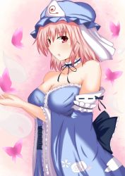 Rule 34 | 1girl, bare shoulders, bow, breasts, bug, butterfly, cleavage, collarbone, detached sleeves, female focus, fookun, hat, highres, insect, japanese clothes, naba (take tonbo), petals, pink hair, red eyes, saigyouji yuyuko, short hair, solo, touhou, triangular headpiece, wide sleeves