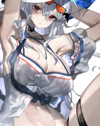 Rule 34 | 1girl, absurdres, arknights, arm behind back, armpits, arms up, bare shoulders, black choker, breasts, choker, cleavage, commentary, expressionless, eyewear on head, hair ornament, hat, highres, inumata ichini, long hair, looking at viewer, medium breasts, midriff, navel, off-shoulder shirt, off shoulder, official alternate costume, red eyes, shirt, short sleeves, silver hair, skadi (arknights), skadi (waverider) (arknights), solo, stomach, sun hat, sunglasses, thigh strap, thighs, upper body, very long hair, whale hair ornament, white background, white hat, white shirt