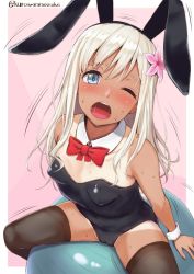 Rule 34 | 10s, 1girl, ;o, animal ears, arms at sides, ball, bare arms, bare shoulders, black leotard, black thighhighs, blonde hair, blue eyes, blush, bow, bowtie, breasts, cameltoe, cleft of venus, collarbone, detached collar, fake animal ears, from above, hairband, kantai collection, kurowan, leotard, long hair, looking at viewer, looking up, motion lines, one-piece tan, one eye closed, open mouth, pink background, playboy bunny, rabbit ears, red bow, red bowtie, ro-500 (kancolle), simple background, sitting, small breasts, strapless, strapless leotard, sweatdrop, tan, tanline, thighhighs, wrist cuffs