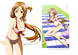 Rule 34 | 10s, 1girl, absurdres, asuna (sao), barefoot, bikini, breasts, brown eyes, brown hair, cleavage, feet, front-tie bikini top, front-tie top, half updo, hand on own hip, highres, long hair, looking at viewer, medium breasts, nakamura naoto, navel, official art, smile, striped bikini, striped clothes, swimsuit, sword art online, very long hair