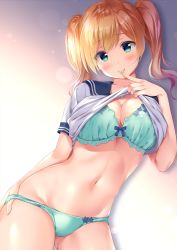 Rule 34 | 1girl, bad id, bad pixiv id, blonde hair, blush, bow, bow bra, bra, breasts, cleavage, clothes lift, collarbone, finger to mouth, gluteal fold, green bra, green eyes, green panties, grin, hair between eyes, highres, large breasts, lifting own clothes, long hair, looking at viewer, navel, no pants, original, panties, pasdar, sailor collar, school uniform, serafuku, shirt, shirt lift, short sleeves, smile, solo, standing, stomach, twintails, underwear, white shirt