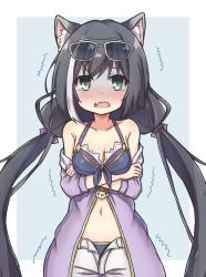 Rule 34 | 1girl, animal ear fluff, animal ears, bare shoulders, bikini, black hair, blue background, blue bikini, blush, border, breasts, cat ears, cleavage, collarbone, commentary request, eyewear on head, fang, green eyes, hair between eyes, hair ribbon, jacket, karyl (princess connect!), karyl (summer) (princess connect!), long hair, looking at viewer, low twintails, medium breasts, multicolored hair, open clothes, open jacket, princess connect!, purple jacket, ribbon, shorts, sidelocks, simple background, skin fang, solo, sunglasses, swimsuit, tearing up, toro th, trembling, twintails, two-tone hair, wavy mouth, white background, white hair, white shorts