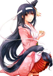 Rule 34 | 10s, 1girl, absurdres, black hair, breasts, cherry blossoms, cup, floral print, flower, fusou (kancolle), fusou kai ni (kancolle), green tea, hair ornament, hair ribbon, headband, highres, holding, holding cup, japanese clothes, kantai collection, kimono, long hair, looking at viewer, low-tied long hair, low ponytail, miko, miniskirt, nontraditional miko, official art, pagoda, pink kimono, red eyes, red skirt, ribbon, rikka (rikka331), scan, simple background, skirt, smile, solo, tea, teacup, very long hair, white background, white ribbon