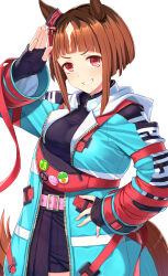 1girl animal_ears badge black_gloves black_shirt blue_coat blunt_bangs bob_cut brown_hair button_badge coat ear_ornament fanny_pack fingerless_gloves gloves grin highres horse_ears horse_girl inverted_bob itou_(onsoku_tassha) looking_at_viewer multicolored_hair red_eyes shirt short_hair sidelocks simple_background smile solo streaked_hair transcend_(umamusume) umamusume white_background white_hair