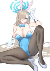 Rule 34 | 1girl, 7iruca, absurdres, animal ears, asuna (blue archive), asuna (bunny) (blue archive), asymmetrical bangs, bare shoulders, black pantyhose, blonde hair, blue archive, blue bow, blue bowtie, blue eyes, blue leotard, blush, bow, bowtie, breasts, detached collar, fake animal ears, gloves, hair over one eye, halo, high heels, highleg, highleg leotard, highres, large breasts, leaning back, leotard, long hair, looking at viewer, official alternate costume, on ground, pantyhose, playboy bunny, rabbit ears, sitting, smile, spread legs, strapless, strapless leotard, white background, white gloves