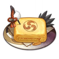 Rule 34 | artist request, commentary, english commentary, faith eternal (genshin impact), food, food focus, game cg, genshin impact, leaf, lowres, mitsudomoe (shape), napkin, no humans, official art, omelet, plate, rope, sauce, simple background, skewer, still life, tamagoyaki, third-party source, tomoe (symbol), transparent background