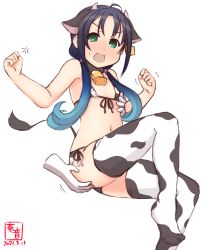 Rule 34 | 1girl, alternate costume, anger vein, animal ears, animal print, artist logo, bell, bikini, black hair, commentary request, cow ears, cow horns, cow print, cow tail, cowbell, cowboy shot, dated, disembodied hand, ear tag, fake animal ears, fake horns, flat chest, front-tie top, green eyes, highres, holding, horns, kanon (kurogane knights), kantai collection, long hair, low twintails, one-hour drawing challenge, open mouth, ribbon, simple background, sitting, suzukaze (kancolle), swimsuit, tail, thighhighs, twintails, white background, white bikini, white thighhighs