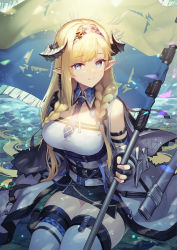 Rule 34 | 1girl, arknights, arm strap, bare shoulders, blonde hair, blue eyes, blue necktie, breasts, commentary, flag, hairband, highres, holding, holding flag, horns, large breasts, long hair, looking at viewer, nakamura eight, necktie, pointy ears, revision, saileach (arknights), shirt, smile, solo, thighhighs, thighs, very long hair, white shirt, white thighhighs