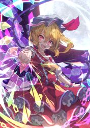 Rule 34 | 1girl, ascot, blonde hair, bright pupils, chiroru (cheese-roll), clenched hand, commentary, commission, crystal, flandre scarlet, hat, hat ribbon, highres, looking at viewer, one side up, open mouth, rainbow order, red eyes, red ribbon, red skirt, ribbon, skirt, solo, touhou, white hat, white pupils, wings, wrist cuffs, yellow ascot