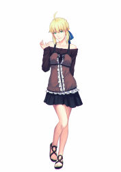 Rule 34 | 1girl, ahoge, artoria pendragon (all), artoria pendragon (fate), bad id, bad pixiv id, bare shoulders, bow, fate/hollow ataraxia, fate (series), fateline alpha, full body, green eyes, hair bow, highres, lips, looking at viewer, official alternate costume, saber (fate), sandals, sidelocks, simple background, solo, white background
