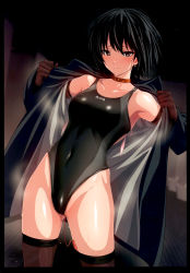 Rule 34 | 1girl, absurdres, amagami, bathroom, belt collar, black border, black jacket, black one-piece swimsuit, blush, border, breasts, brown gloves, brown thighhighs, closed mouth, collar, competition swimsuit, condom, cowboy shot, elbow gloves, female pubic hair, gloves, highres, jacket, looking at viewer, medium breasts, nanasaki ai, one-piece swimsuit, open clothes, open jacket, pubic hair, scan, sex toy, smile, solo, standing, sweat, swimsuit, thighhighs, ulrich (tagaragakuin), used condom, vibrator, vibrator in thighhighs, vibrator under clothes