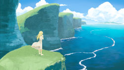 Rule 34 | 1girl, barefoot, blonde hair, cliff, cloud, cloudy sky, day, from behind, gyari (imagesdawn), highres, long hair, original, outdoors, own hands clasped, own hands together, scenery, sky, solo, standing, water