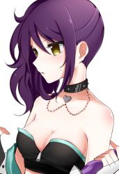 Rule 34 | 1girl, bad id, bad pixiv id, bare shoulders, blush, boo 1, breasts, cleavage, collar, heart, heart necklace, jewelry, necklace, open mouth, pretty series, pripara, purple hair, side ponytail, simple background, solo, spiked collar, spikes, strapless, toudou shion, upper body, white background, yellow eyes, zipper
