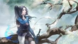 Rule 34 | 1girl, absurdres, artist request, asymmetrical legwear, black hair, blue eyes, branch, detached sleeves, gloves, highres, holding, holding sword, holding weapon, hua jianghu zhi bei mo ting, ji ruxue (hua jianghu), light rays, parted lips, ponytail, scarf, second-party source, sitting, sketch, solo, sword, teeth, weapon