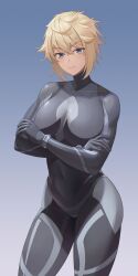 Rule 34 | 1girl, absurdres, alina novikov, black bodysuit, blonde hair, blue eyes, bodysuit, breasts, closed mouth, covered collarbone, covered navel, cowboy shot, crossed arms, crossed bangs, gradient background, hair between eyes, highres, large breasts, looking at viewer, short hair, skin tight, smile, smoothatin, solo, split mouth, standing, tatakau ataisuru, tomboy, v-shaped eyebrows