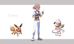 Rule 34 | 1boy, banned artist, brown vest, character name, closed mouth, collared shirt, commentary request, creatures (company), eevee, forgotten artist, full body, game freak, gen 1 pokemon, gen 2 pokemon, green eyes, green legwear, highres, holding, ilima (pokemon), looking down, male focus, nintendo, notebook, pants, pink hair, pokemon, pokemon (creature), pokemon sm, ribbed legwear, shirt, shoes, short hair, short sleeves, smeargle, smile, socks, split mouth, standing, vest, white footwear, white pants, white shirt